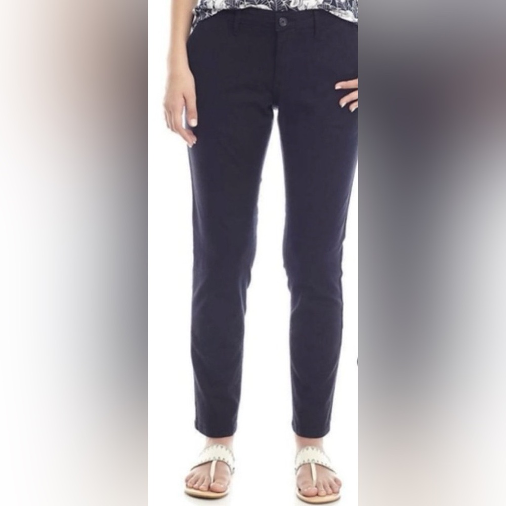 Crown & Ivy Linen Blend Straight Leg Casual Pants Navy Stretch Size 2